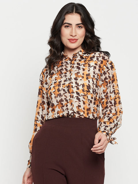 Madame Printed Beige Shirt With Cuff Sleeves