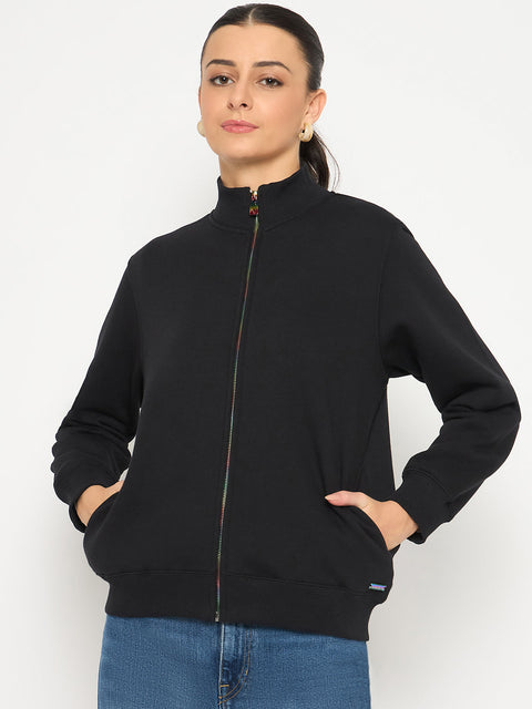 Madame Fleece T Neck Front Zip Black Sweatshirt