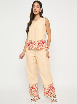 Madame Floral Embroidered Hem Top and Bottom Beige Co-ord Set