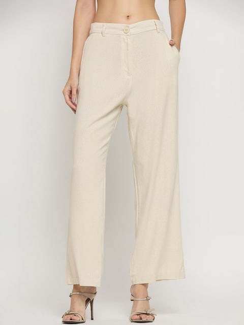 Madame Beige Rayon Linen Straight Fit Ankle Trousers