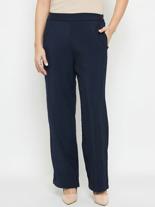 Madame Solid Straight Fit Navy Blue Trousers