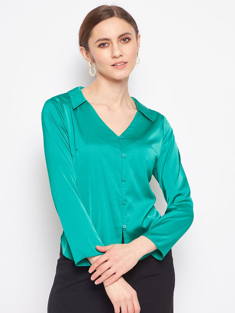 Madame V-Neck Solid Green Satin Shirt