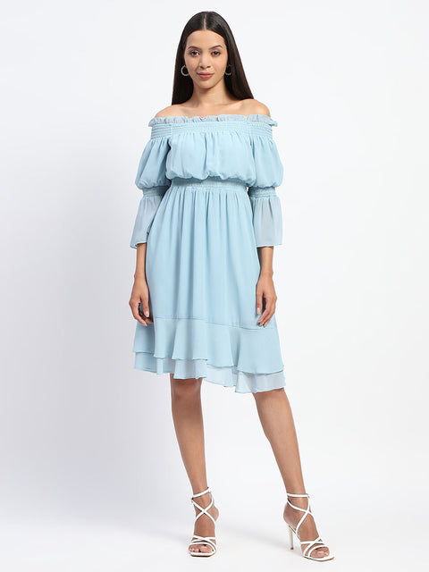 Madame Off Shoulder Cinched Waist Aqua Blue Midi Dress