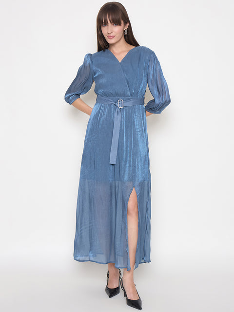 Madame Wrinkled Lurex Self Design Belted Blue Maxi Dress