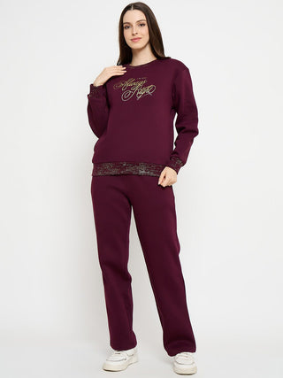 mSECRET Typography Print Sweatshirt and Straight Bottoms Plum Night Suit