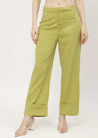 Madame Solid Apple Green Folded Hem Trouser