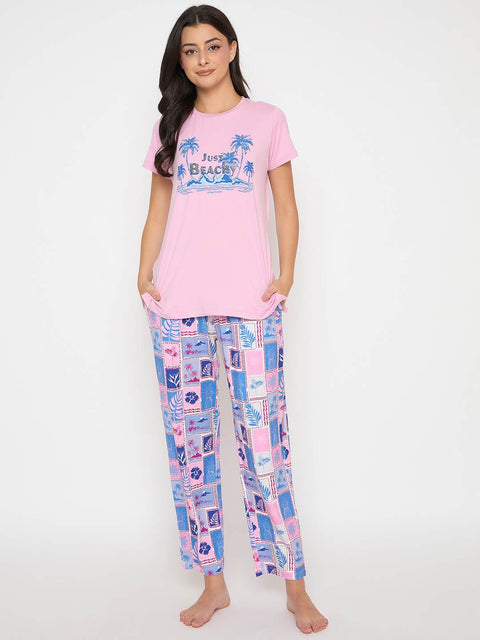 mSECRET Graphic Print Top and Bottom Pink Night Suit