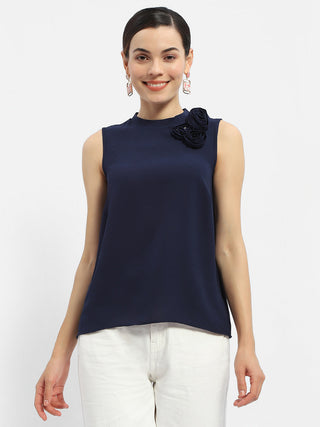 Madame Applique Adorned Navy Blue Shimmer Top