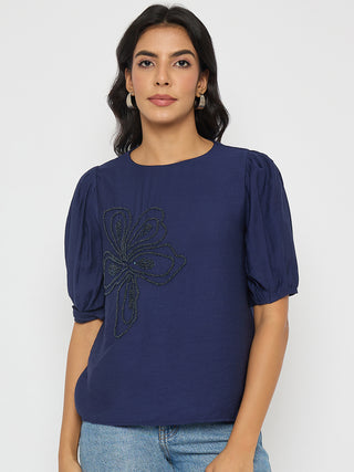 Madame Embellished Rayon Blend Navy Blue Top
