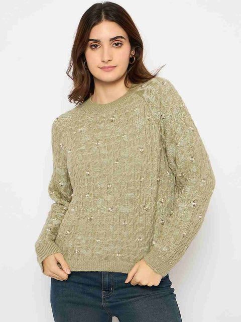 Madame Cable Knit Pearl Embellished Green Sweater