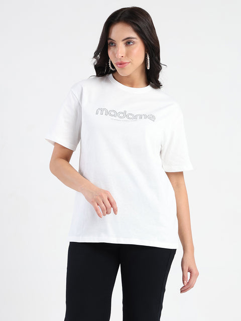 Madame Swarovski and Print Sticker White Cotton T-shirt