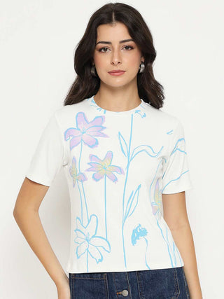 Madame Floral Print Sequin Detailed White T-Shirt