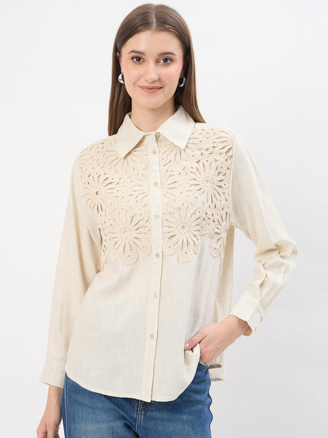 Madame Embroidery Patchwork Beige Viscose Shirt