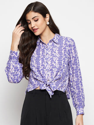 Madame Geometric Print Tie Front Purple Shirt
