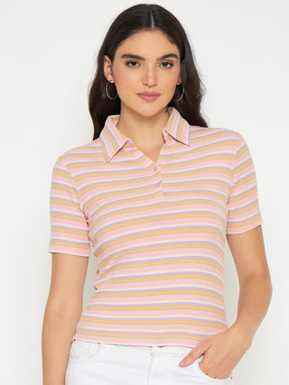 Madame Rayon Blend Striped Pink Polo T-shirt