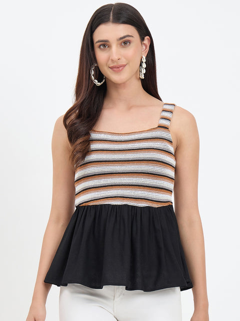 Madame Black Rayon Linen Blend Peplum Top