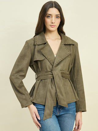 Madame Solid Olive Belted Coat