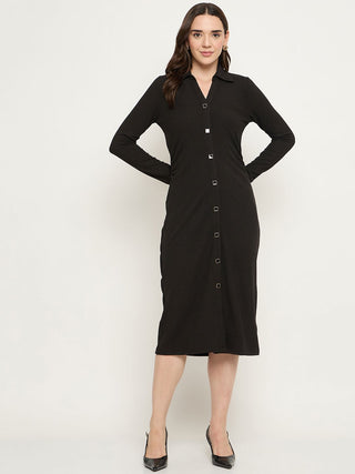 Madame Button Down Black Bodycon Midi Dress