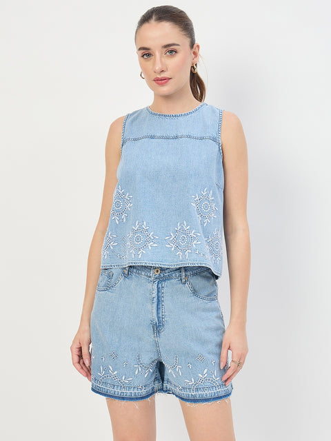 Madame Ice Blue Cotton Tencel Embroidered Sleeveless Denim Top