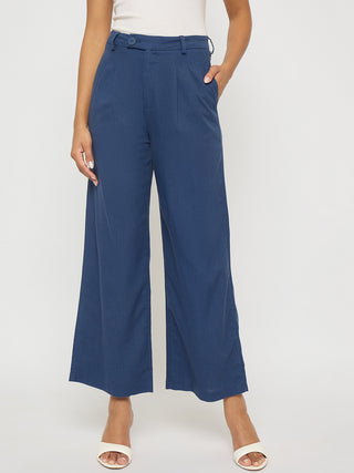 Madame Solid Navy Blue Rayon Blend Gurkha Trousers