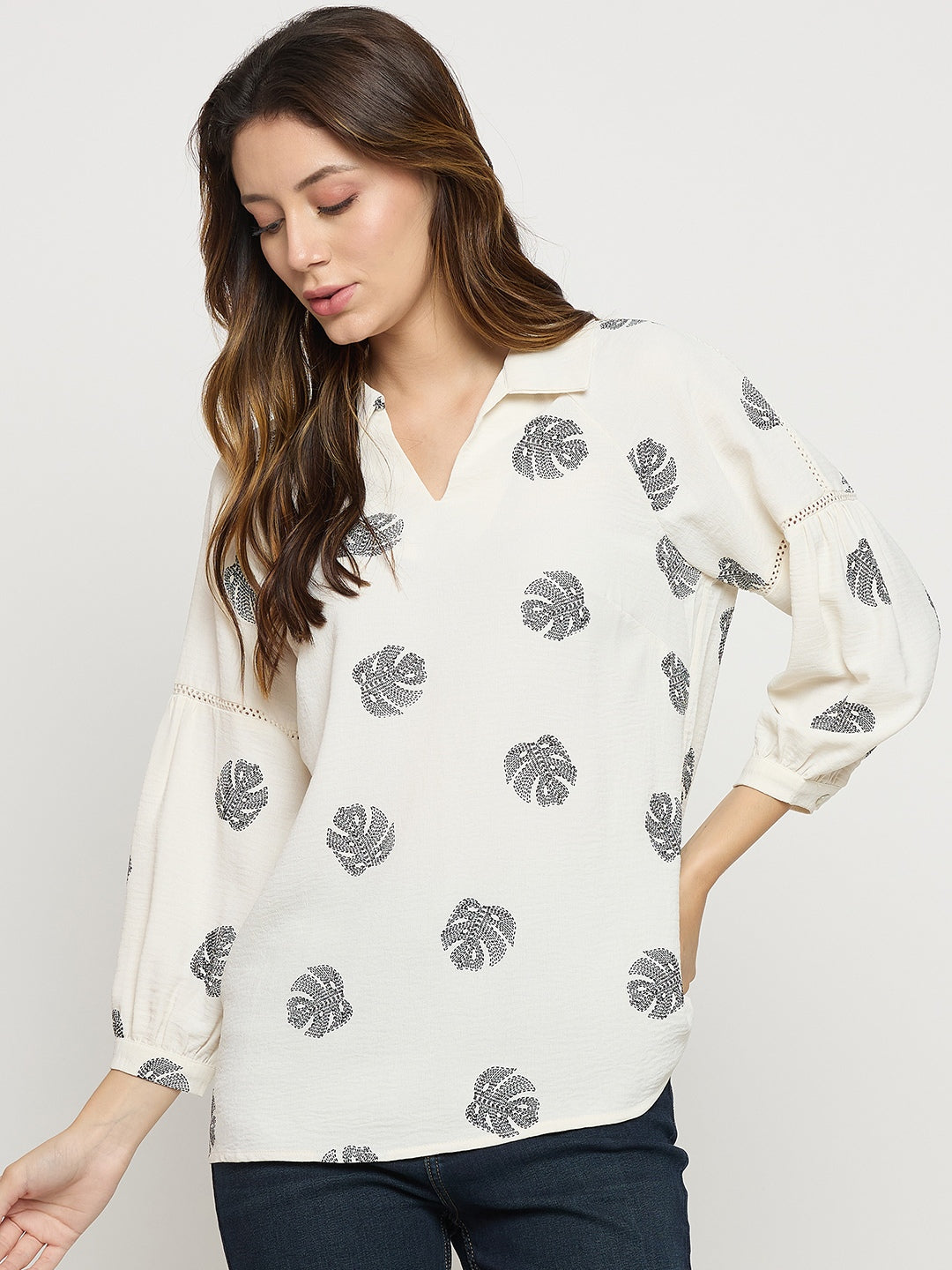 Madame Off White Printed Collar Puff Sleeve Top color swatch