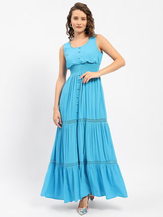 Madame Square Neckline Blue Tiered Dress