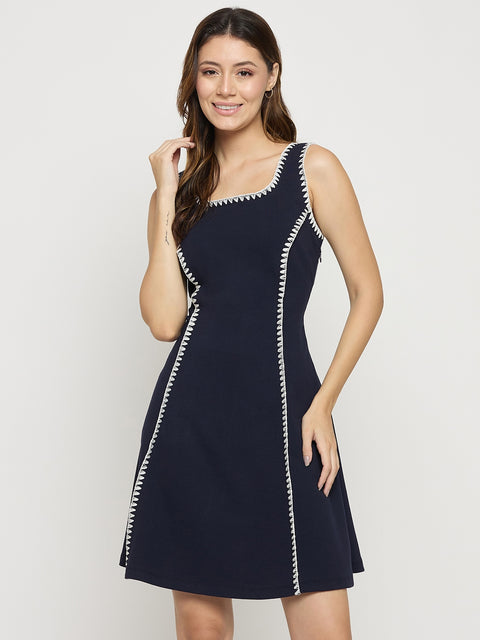 Madame Navy Rayon Blend Sleeveless Fit and Flare Mini Dress