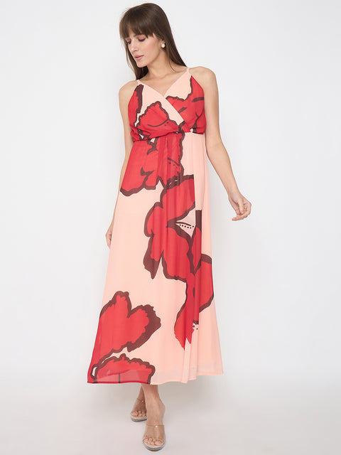 Madame Chiffon Floral Print A Line Peach Maxi Dress