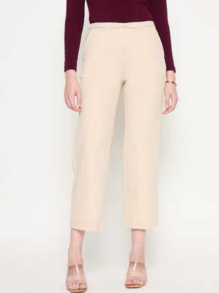 Madame Slash Pocketed Straight Fit Belted Solid Ivory Trousers