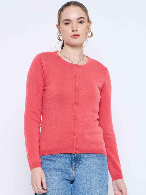 Madame Solid Coral Button Down Crew Neck Cardigan
