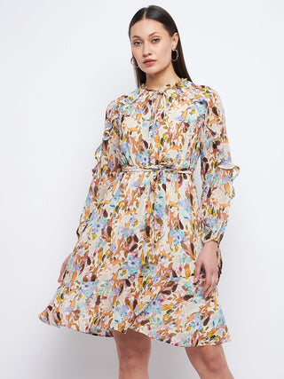 Madame Floral Print Off-White Ruffle Dress