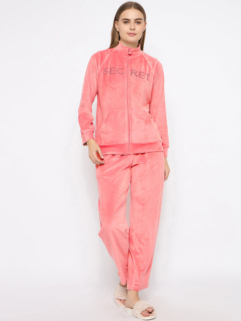 mSECRET Velour Swarovski Detailed Zipped Blush Top and Bottom Night Suit