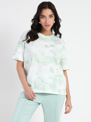 Madame Swarovksi Detailed Tie and Dye Sea Green T-shirt