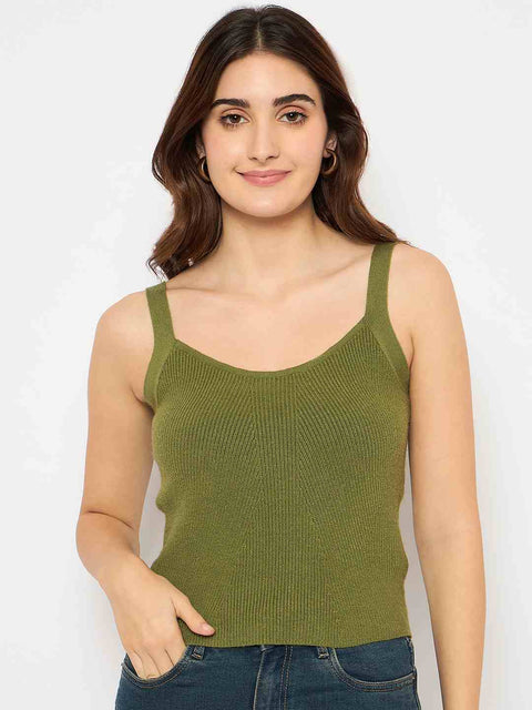 Madame Sleeveless Solid Olive Green Ribbed Knit Sweater