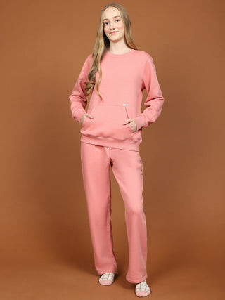 mSECRET Fleece Printed Round Neck Top and Bottom Pink Night Suit