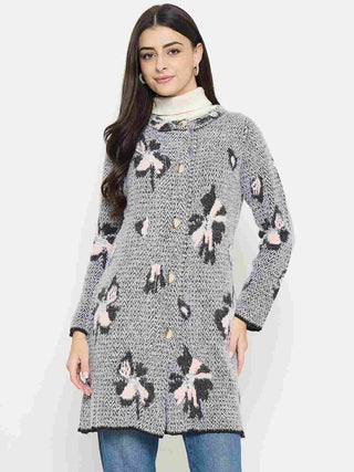 Madame Floral Print Button-Front Black Cardigan featuring a stylish floral design and button closure.