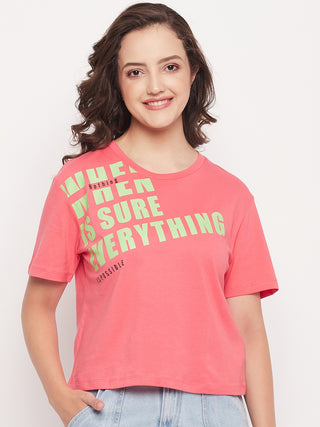 Madame Pink Cotton Regular Fit Printed T-shirt