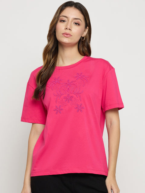 Madame Hot Pink Embroidered Cotton Round Neck T-Shirt