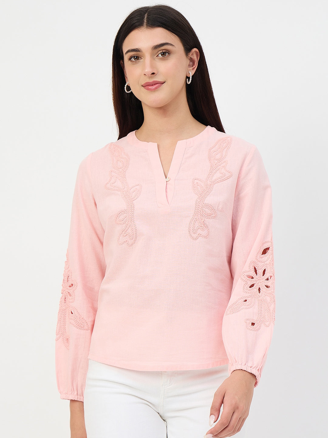 Madame Powder Pink Embroidered Cotton-Linen Tunic Top color swatch