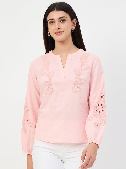 Madame Powder Pink Embroidered Cotton-Linen Tunic Top
