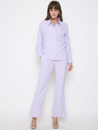 Madame Embroidered Shirt with Crop Tank and Wide-Leg Pants Three Piece Lilac Co-ord Set