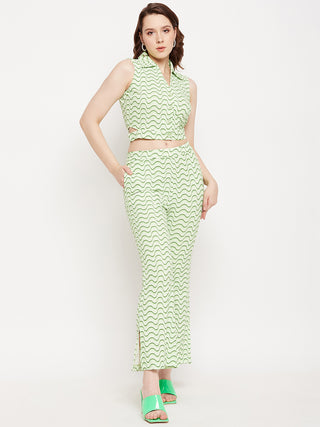 Madame Green Spread Collared Abstract Printed Co-Ord Set
