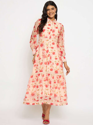 Madame Floral Print Tiered Peach Maxi Shirt Dress