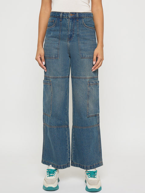 Madame Panel Detailed Tinted Green Wide Leg Denim Cargo