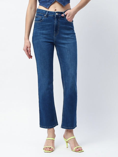 Madame Whiskered Straight Fit Dark Blue Cotton Blend Jeans