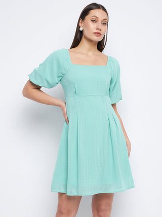 Madame Pleat Detailed Square Neck Sea Green Mini Dress