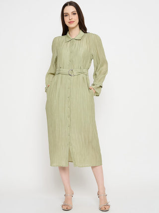 Madame Crushed Tissue Belted Moss Green Shirt Dress