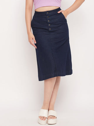 Madame Navy Front Slit A-Line Denim Skirt