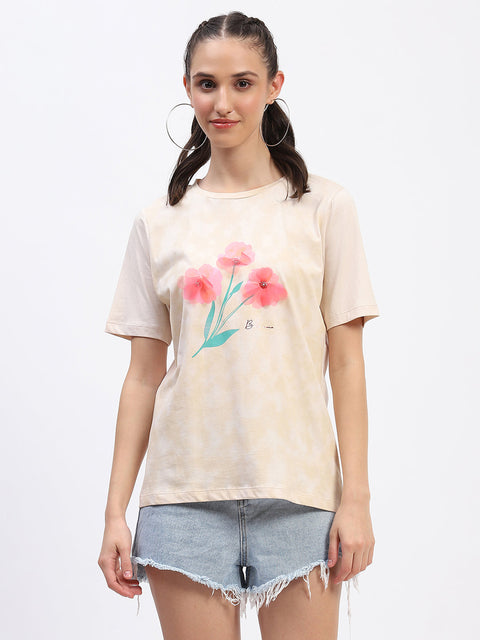 Madame Graphic Printed Crew Neck Cotton Beige T-shirt