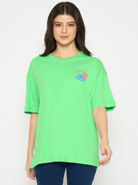 Madame Print Detailing Round Neck Green Cotton T-shirt